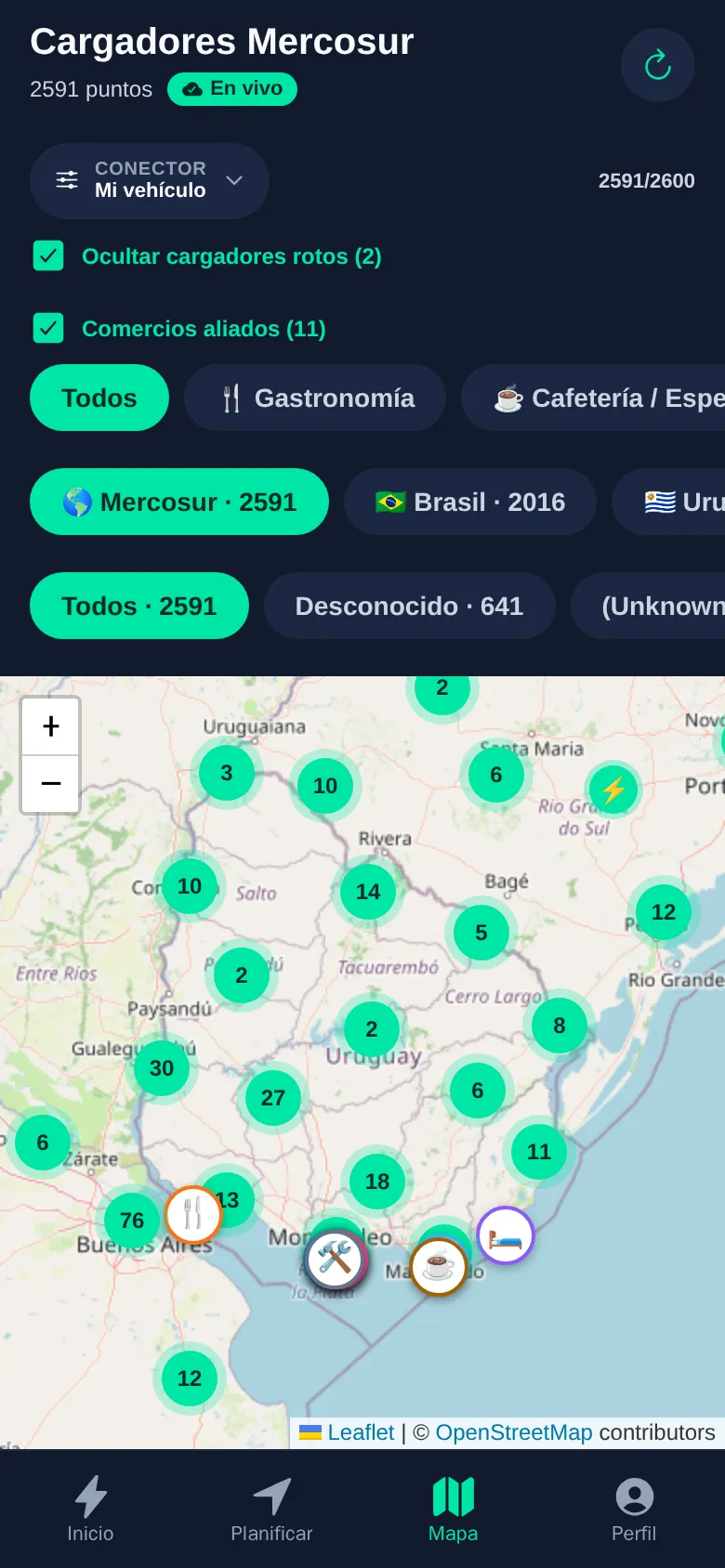 Captura real de LleGO: mapa de cargadores en Uruguay, Argentina y Brasil